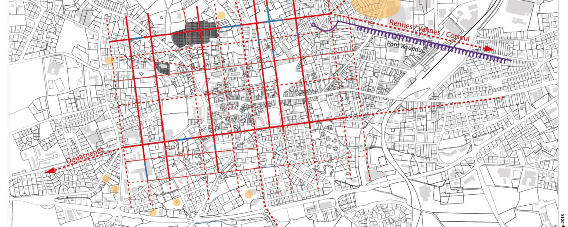 Plan de la ville antique de Vorgium, sur fond du cadastre actuel (G. Le Cloirec, Inrap)